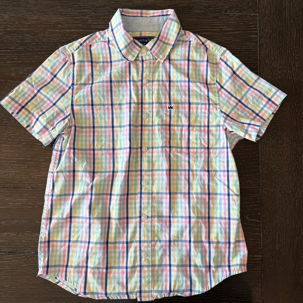 Crown & Ivy Boys Shirt Size M Pastel Plaid Button Front Short Sleeve Easter